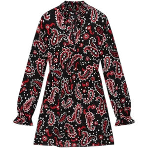 THE KOOPLES Western Paisley Print Peasant Dress Black Red Size 0 (US 2)